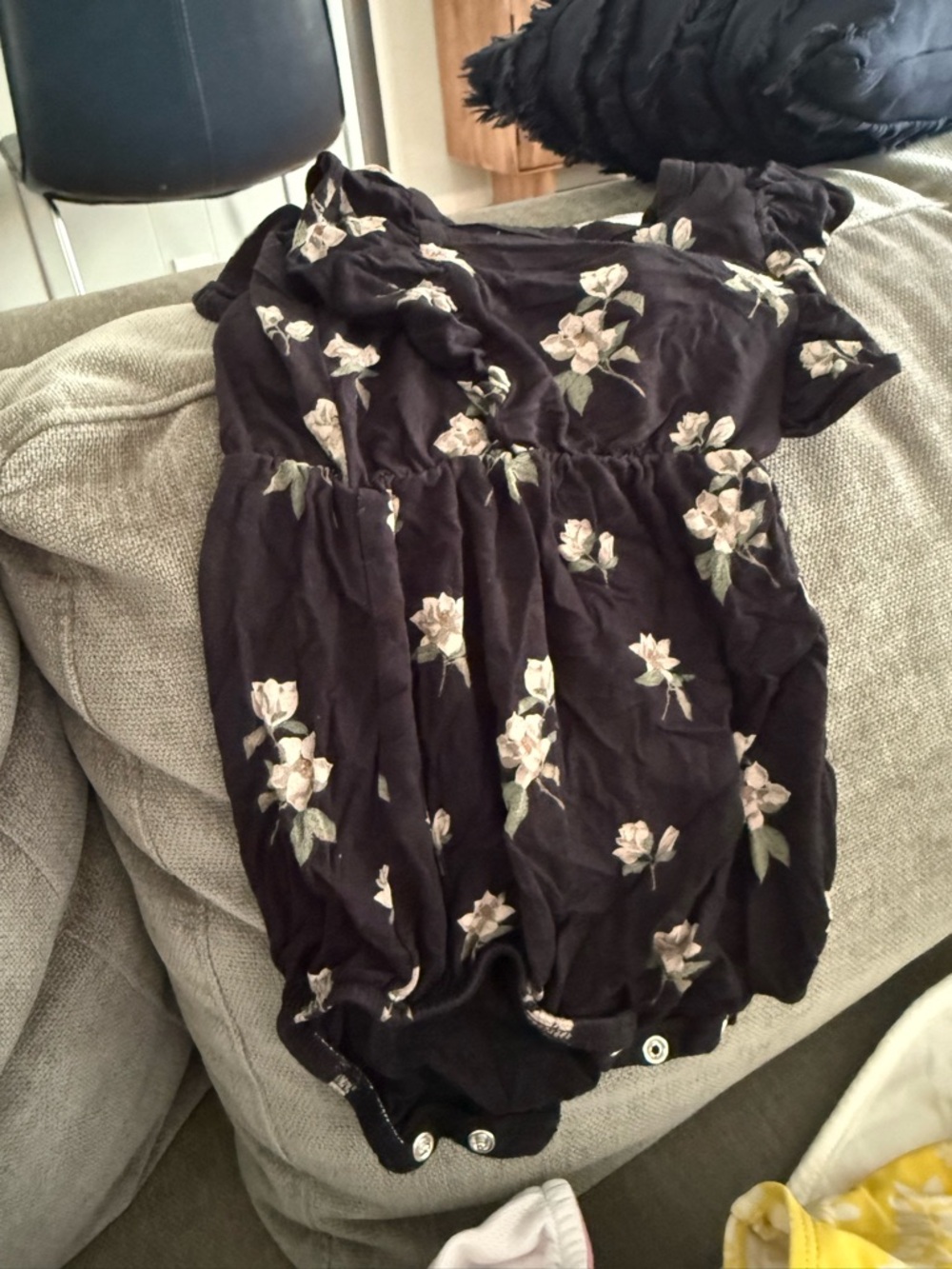 Kyte BABY Black Floral Romper Dress with Cream Flowers